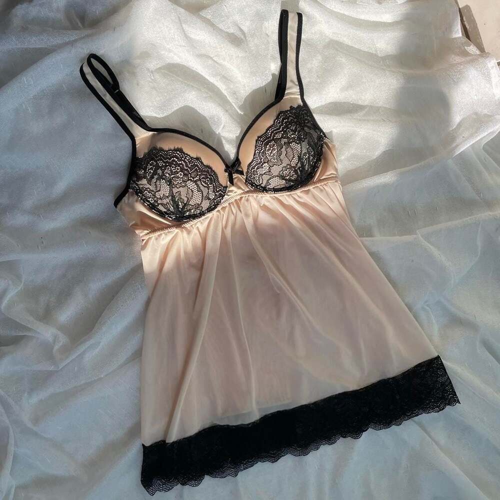 Sophie B. Lace Babydoll Slip Dress, Peach & Black, Padded, Size M
